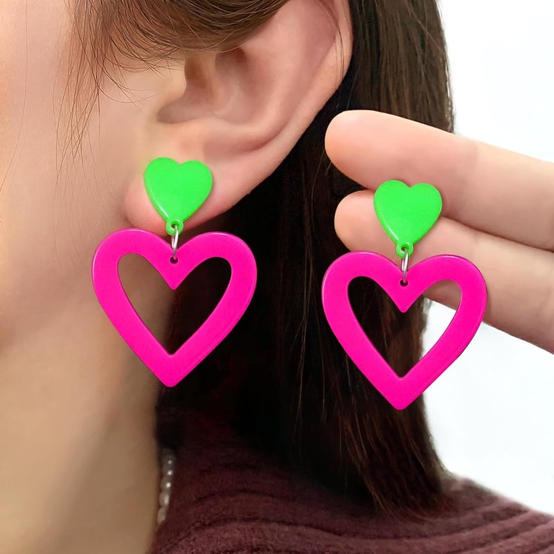 HOLYRY Neon Heart Earrings for Women Acrylic Neon Earrings 80s 90s Outfit for Women Glow Party Accessories Gifts Hot Pink Orange Green Yellow - Image 2